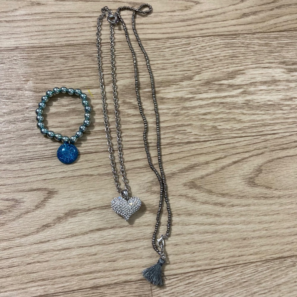 Unbranded‎ Jewelry Set Women OS Blue Silver Heart Rhinestone Tassel 3pc BUNDLE